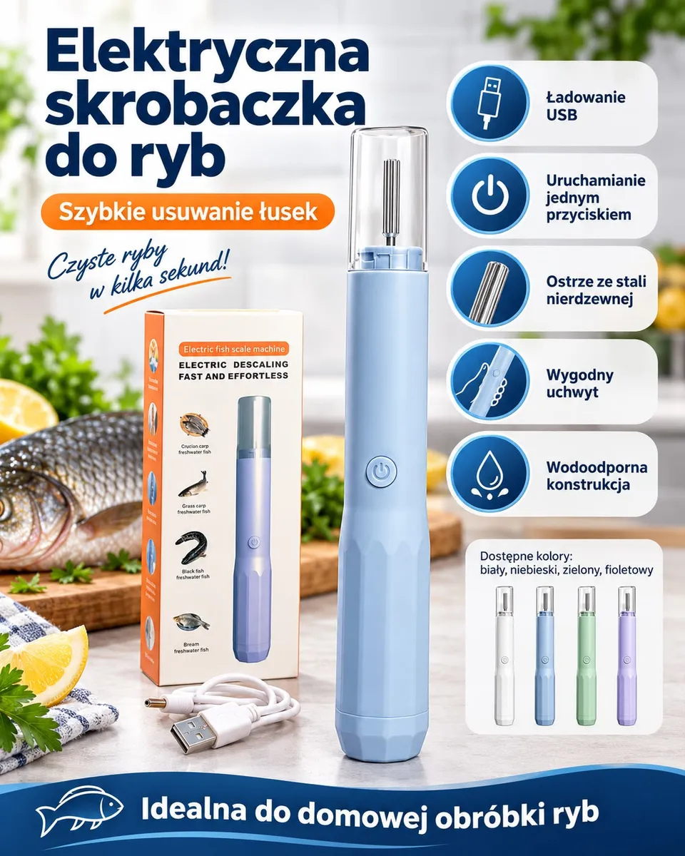 Elektryczna skrobaczka do ryb w kolorze jasnoniebieskim z przezroczystą osłoną i kablem USB