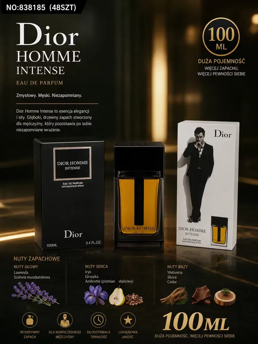 Perfumy Dior Homme Intense 100 ml z czarnym flakonem i eleganckim opakowaniem z wizerunkiem mężczyzny