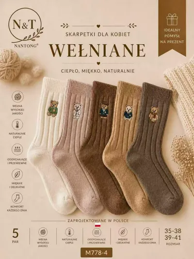 pięć par wełnianych skarpet damskich w naturalnych kolorach z haftem misia