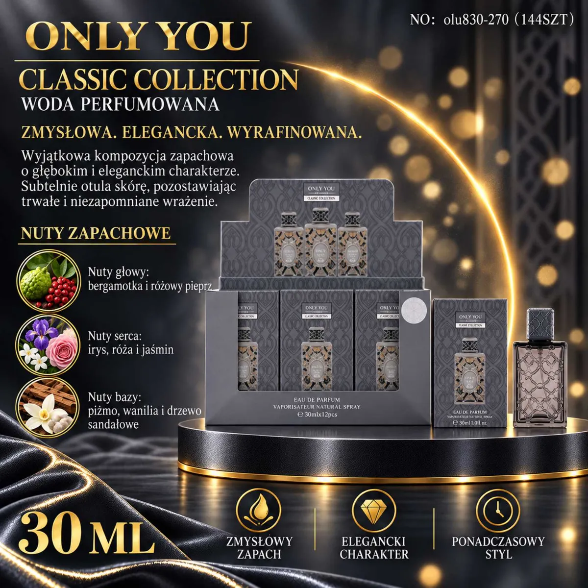 flakon i opakowanie wody perfumowanej Only You Classic Collection 30 ml z ciemnego szkła z geometrycznym wzorem