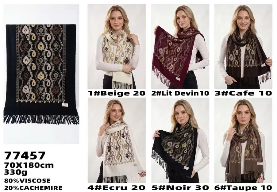 Szalik damski z wzorem paisley w sześciu kolorach na modelce i rozłożony, wymiary 70x180 cm