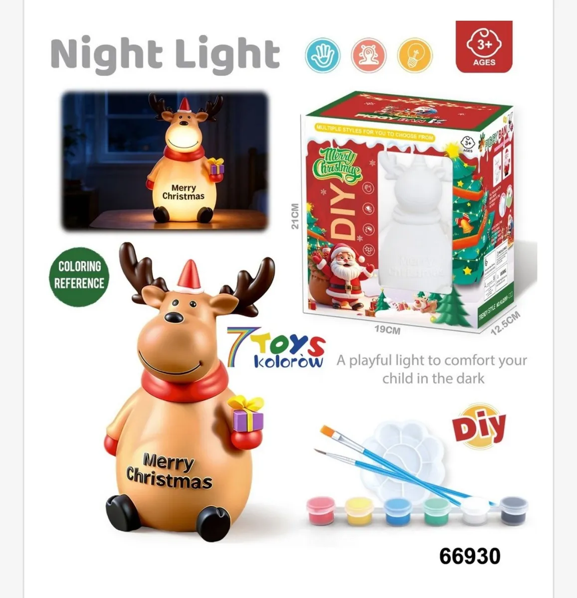 Skarbonka i lampka nocna renifer w kolorach brązu i czerwieni z zestawem farb i pędzelków