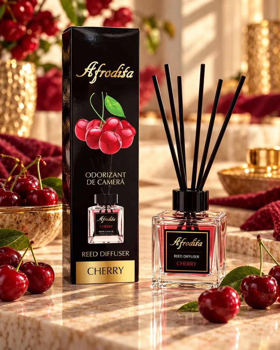 Odświeżacz powietrza Afrodita cherry w szklanym flakonie z czarnymi patyczkami i opakowaniem z wiśniami