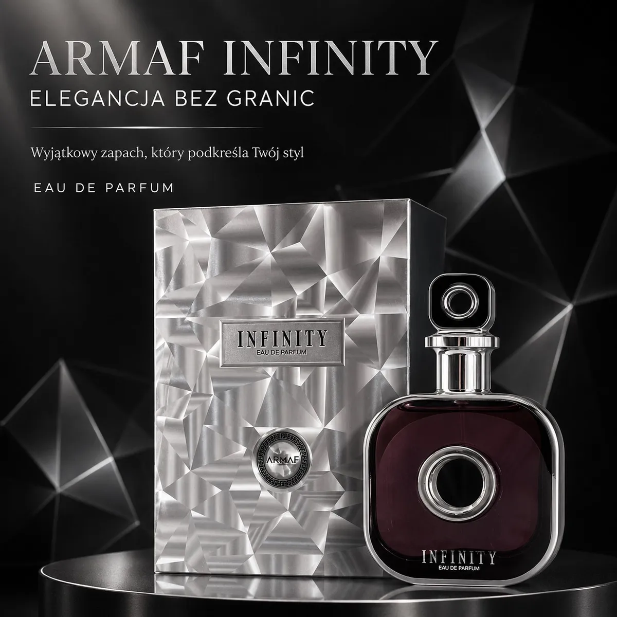 Perfumy Armaf Infinity 100 ml z geometrycznym flakonem i srebrnym opakowaniem o fakturze kryształu