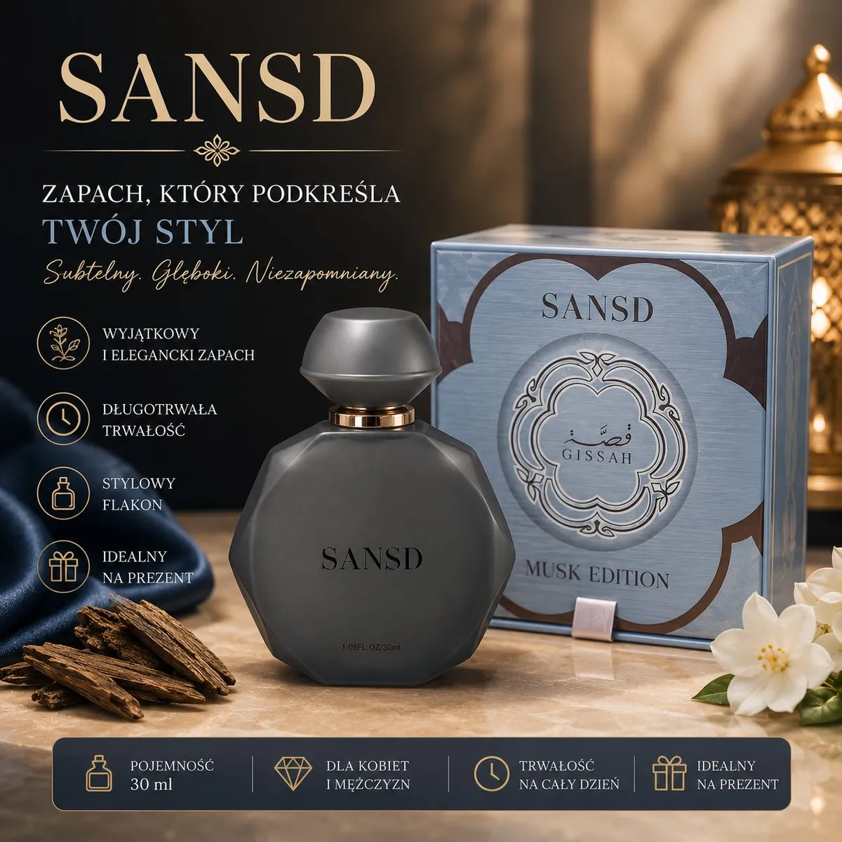 Szary matowy flakon perfum Sansd Musk Edition 30ml z eleganckim błękitnym opakowaniem