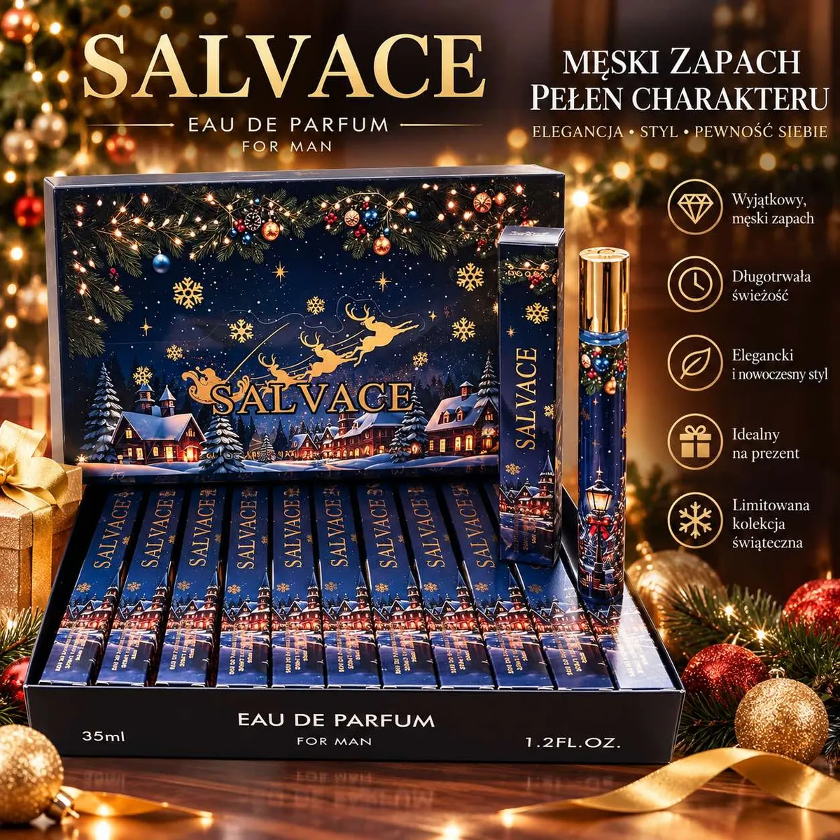 Granatowe opakowanie perfumetki Salvace z motywem zimowej wioski i złotymi akcentami, 35 ml