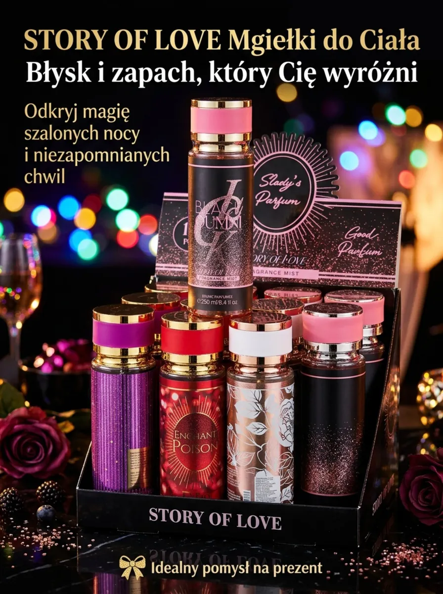 Zestaw kolorowych mgiełek do ciała story of love 250 ml w eleganckim stojaku z różowozłotymi korkami
