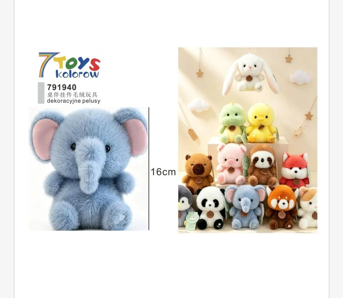 Szary pluszowy słonik 16 cm z różowymi uszami oraz kolekcja innych pluszaków 7 Toys Kolorów