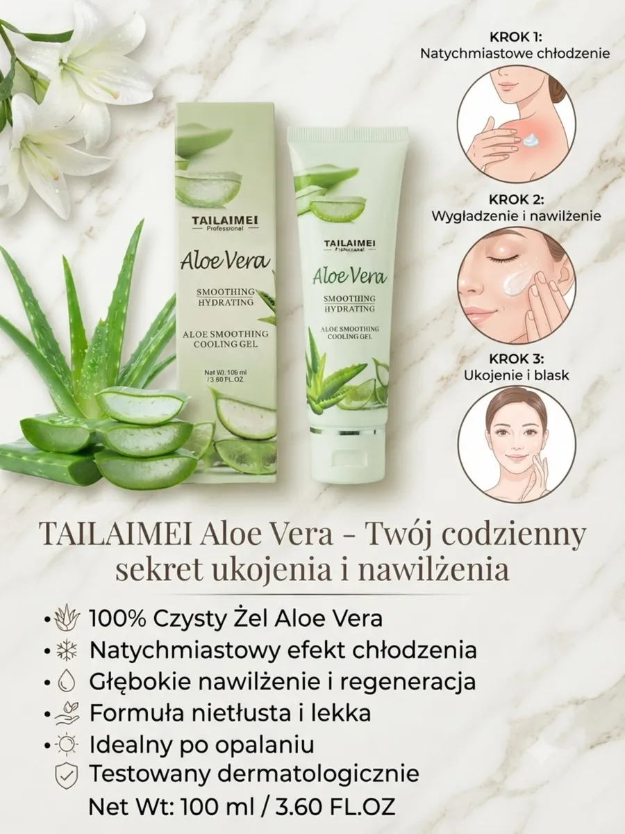 Żel chłodzący TAILAIMEI Aloe Vera 100 ml z opakowaniem i ilustracją kroków aplikacji