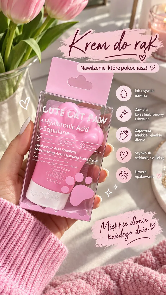 Różowy krem do rąk Cute Cat Paw w opakowaniu z przezroczystego plastiku, kształt łapki kota
