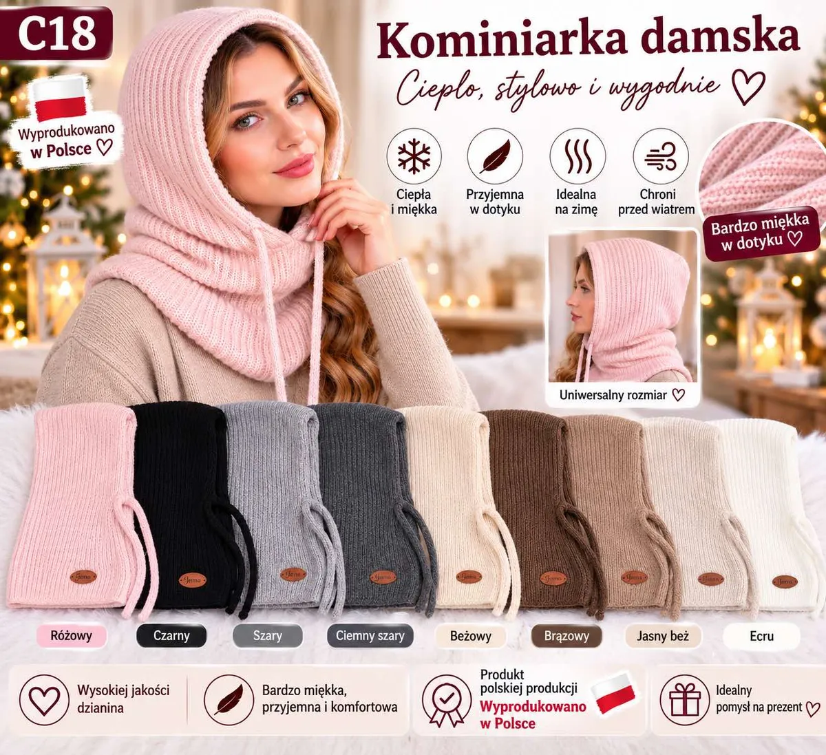 Różowa damska kominiarka z miękkiej dzianiny na modelce, widoczne kolory i detale