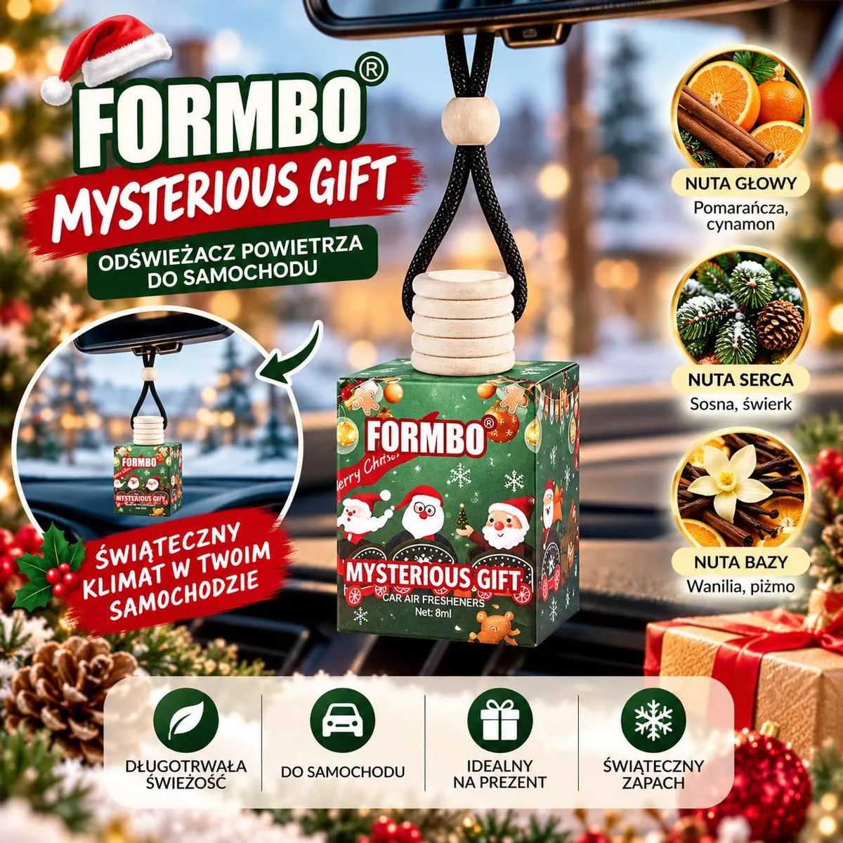 Odświeżacz powietrza Formbo Mysterious Gift z zawieszką i świątecznym motywem Mikołajów