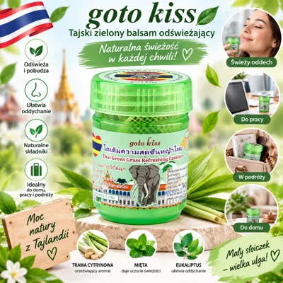 zielony plastikowy słoiczek z tajskim balsamem goto kiss na tle liści i naturalnych składników