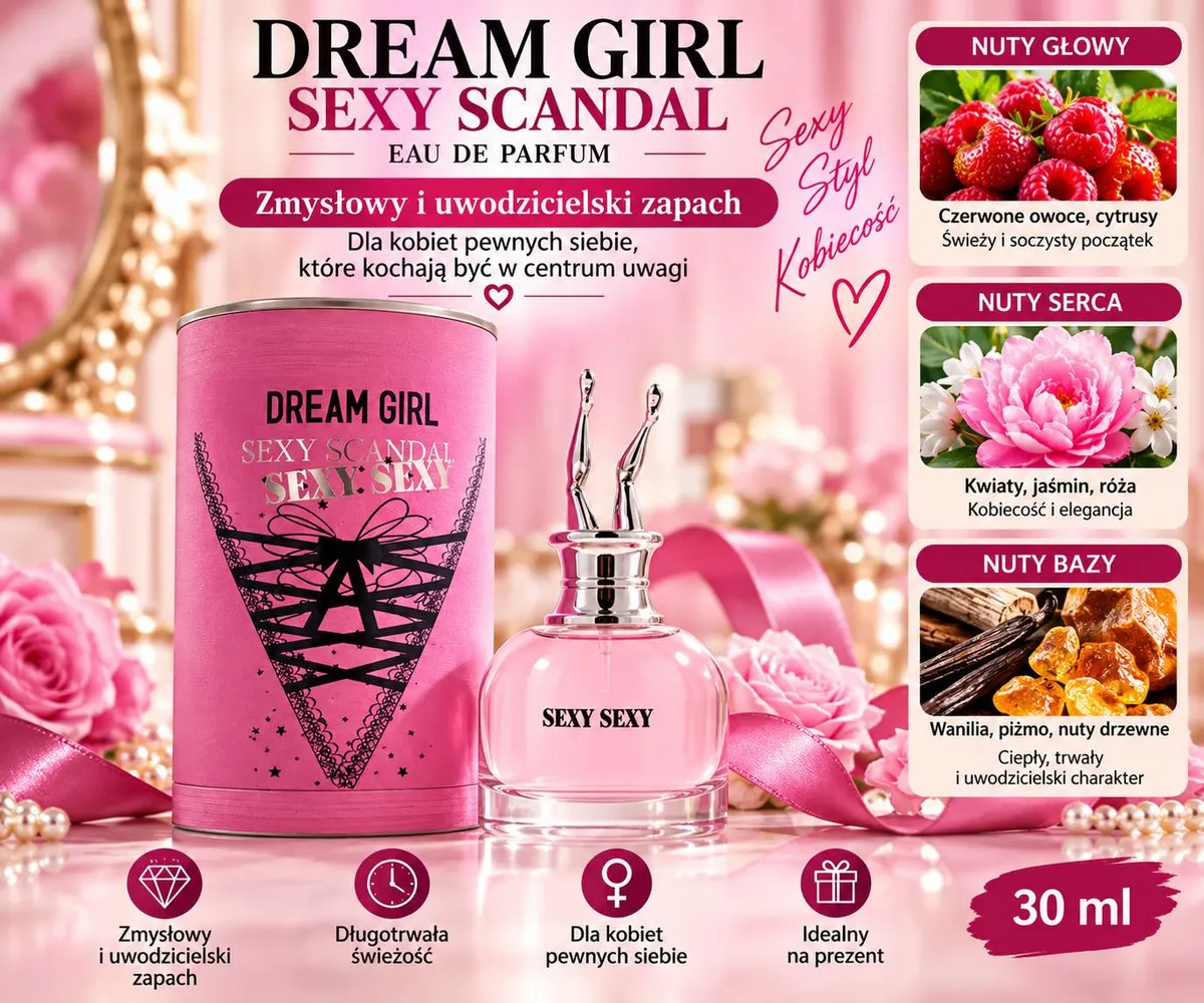 Perfumy Dream Girl Sexy Scandal 30 ml z różową butelką i tubką, nuty zapachowe owoców, kwiatów i wanilii