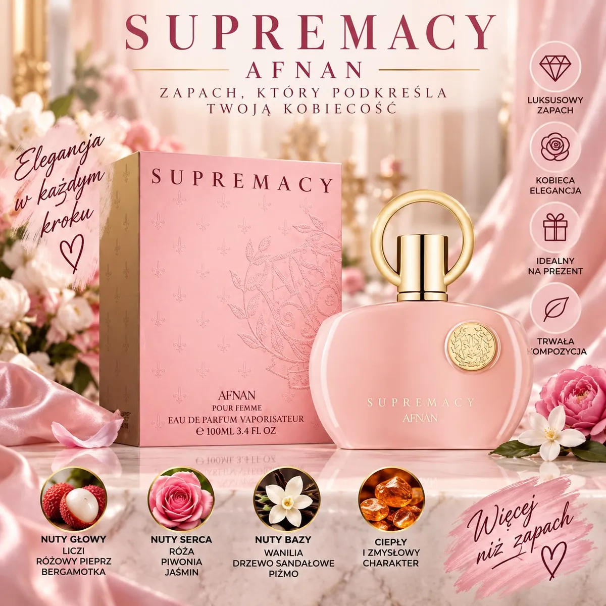 Perfumy Supremacy Afnan 100ml w różowym flakonie z złotym korkiem i różowym kartonowym opakowaniem