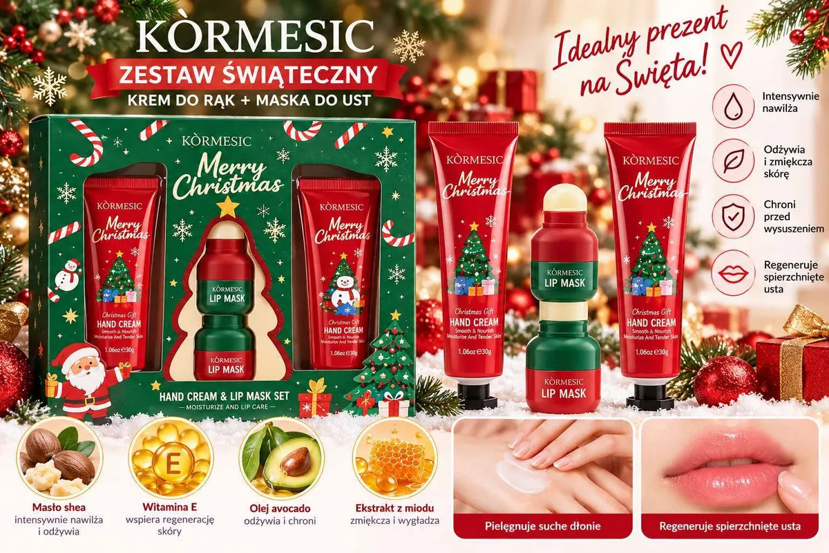 Zestaw świąteczny KORMESIC krem do rąk i maska do ust w zielono-czerwonym opakowaniu z motywem choinki i śnieżynek