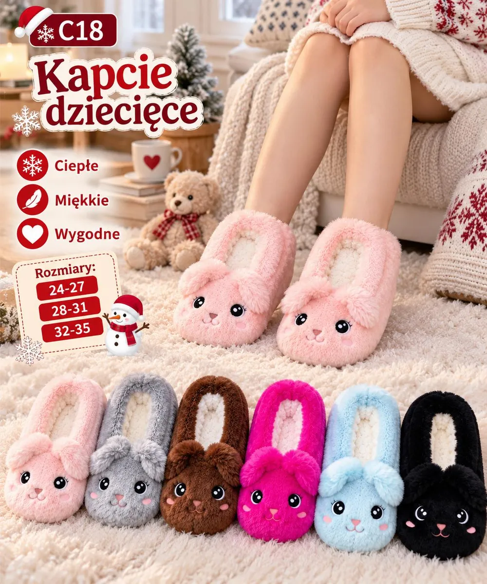 Kapcie dziecięce pluszowe z uszami króliczka w różnych kolorach na dywanie
