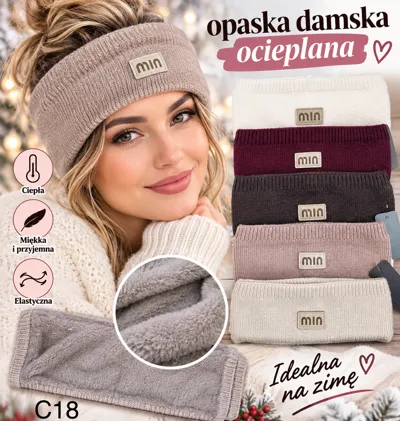 Opaska damska ocieplana w różnych kolorach, miękka i elastyczna, z naszywką min