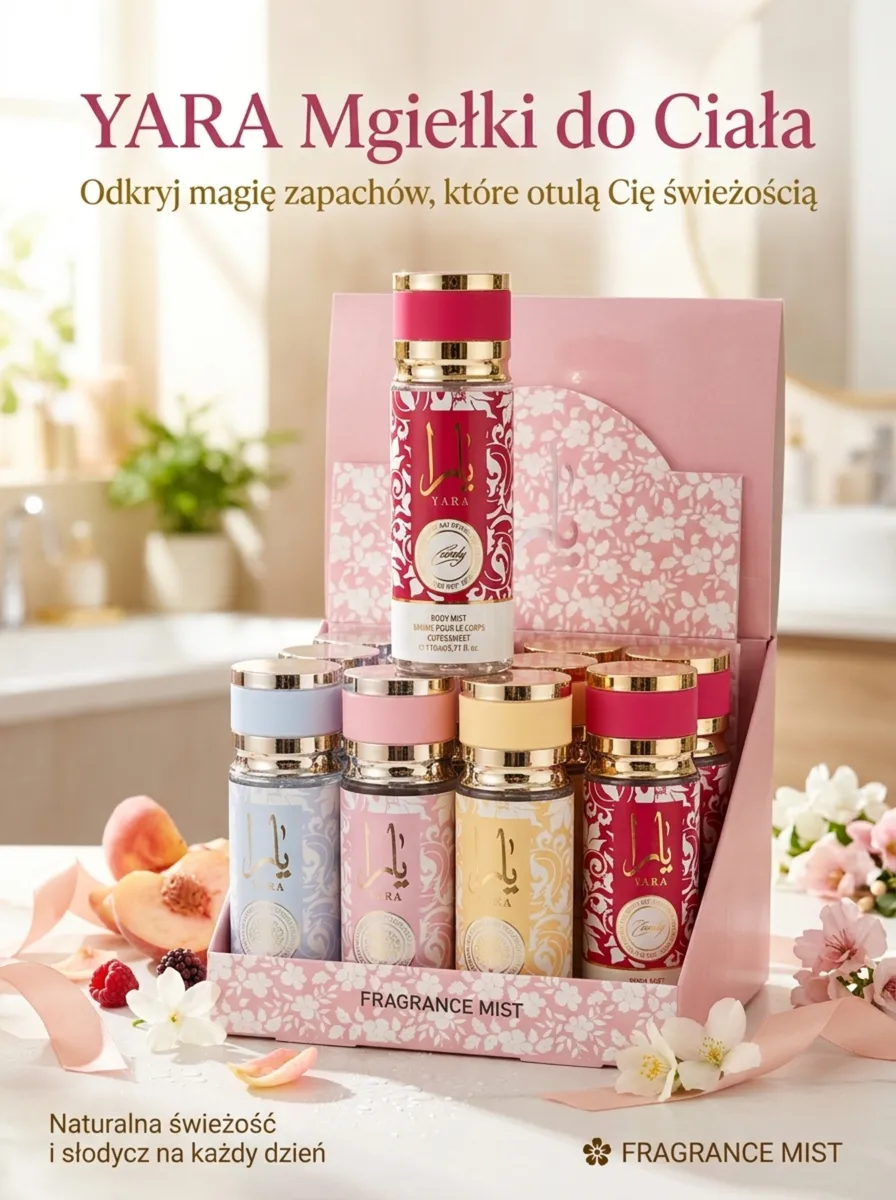 Zestaw kolorowych mgiełek do ciała YARA 100 ml w różowym pudełku z kwiatowym wzorem