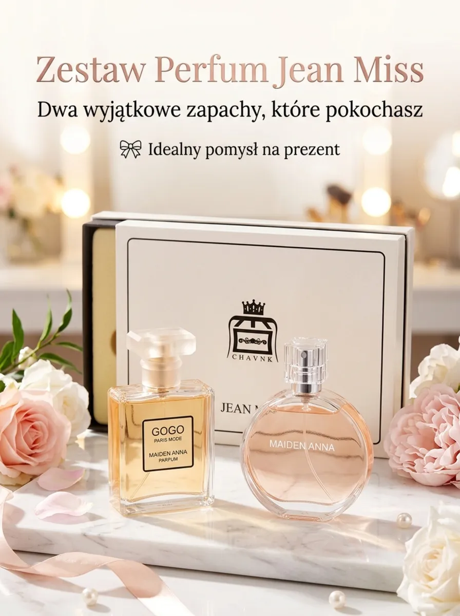 Zestaw dwóch perfum Jean Miss w szklanych flakonach 50 ml na kremowym tle z kwiatami