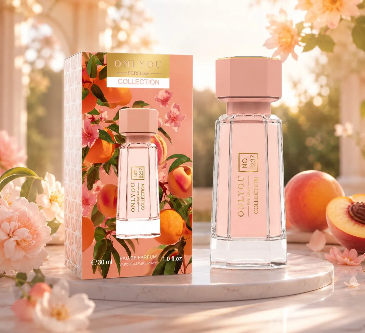 Perfumy Only You Collection 30ml w różowym flakonie z opakowaniem ozdobionym brzoskwiniami i pomarańczami
