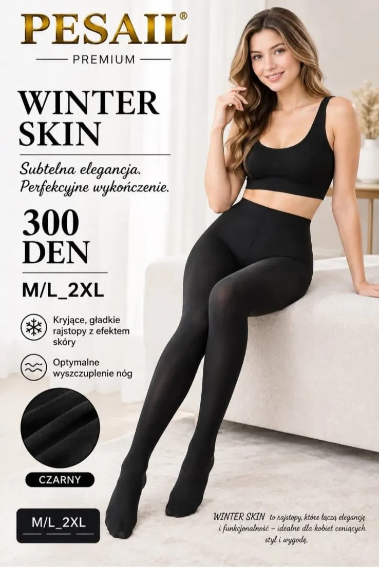 Czarna para rajstop Pesail Premium Winter Skin 300 DEN na modelce siedzącej na jasnej sofie