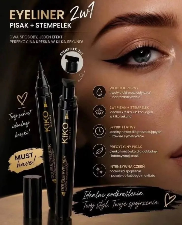 czarny eyeliner Kiko 2w1 z pisakiem i stempelkiem na tle twarzy kobiety