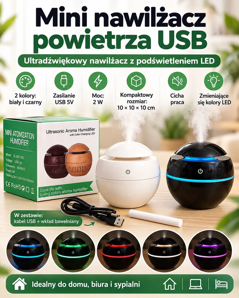 Mini nawilżacz powietrza USB biały i czarny z podświetleniem LED, kabel USB i bawełniany wkład