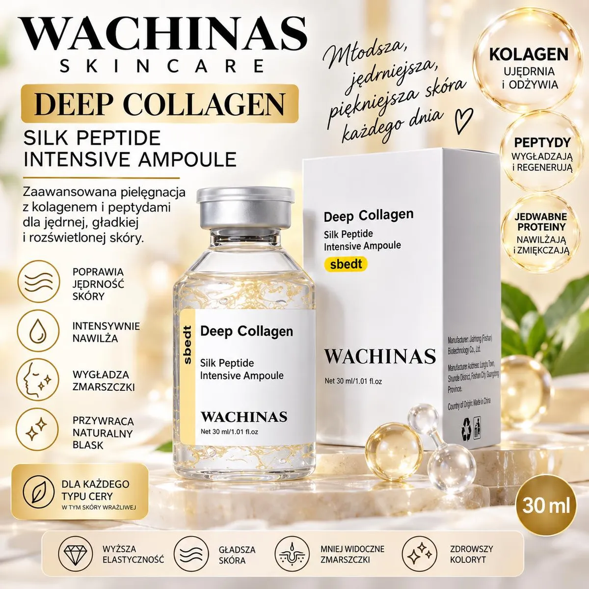 Ampułka WACHINAS Deep Collagen 30 ml w przezroczystej butelce ze złotymi nitkami i białe opakowanie