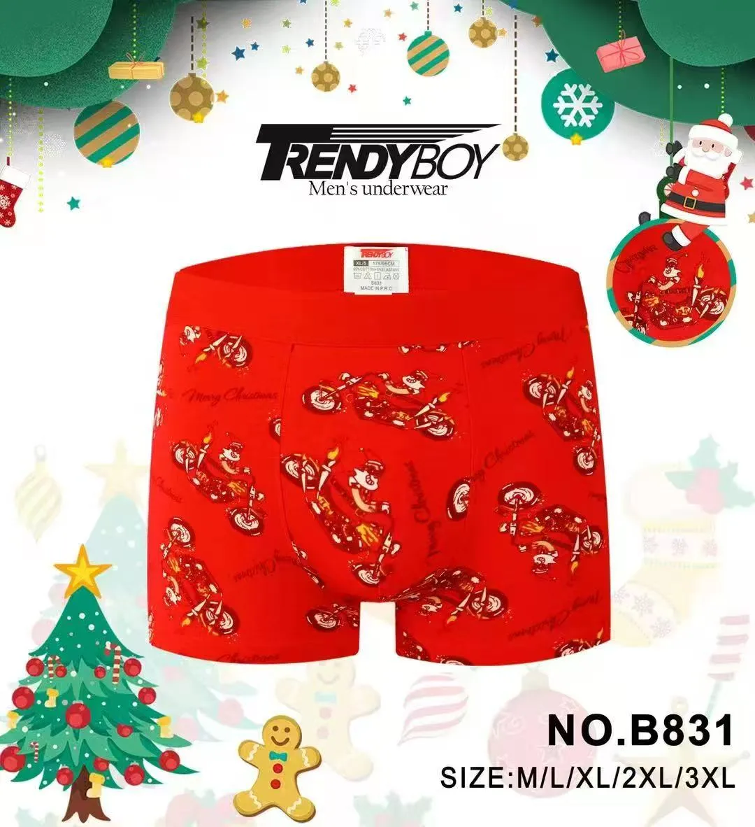 Czerwone bokserki męskie z nadrukiem motocykla i napisem Merry Christmas