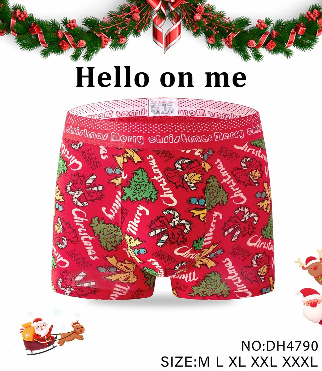 Czerwone bokserki męskie z nadrukiem świątecznym choinki, lizaków i kokardek, elastyczny pas z napisem Merry Christmas