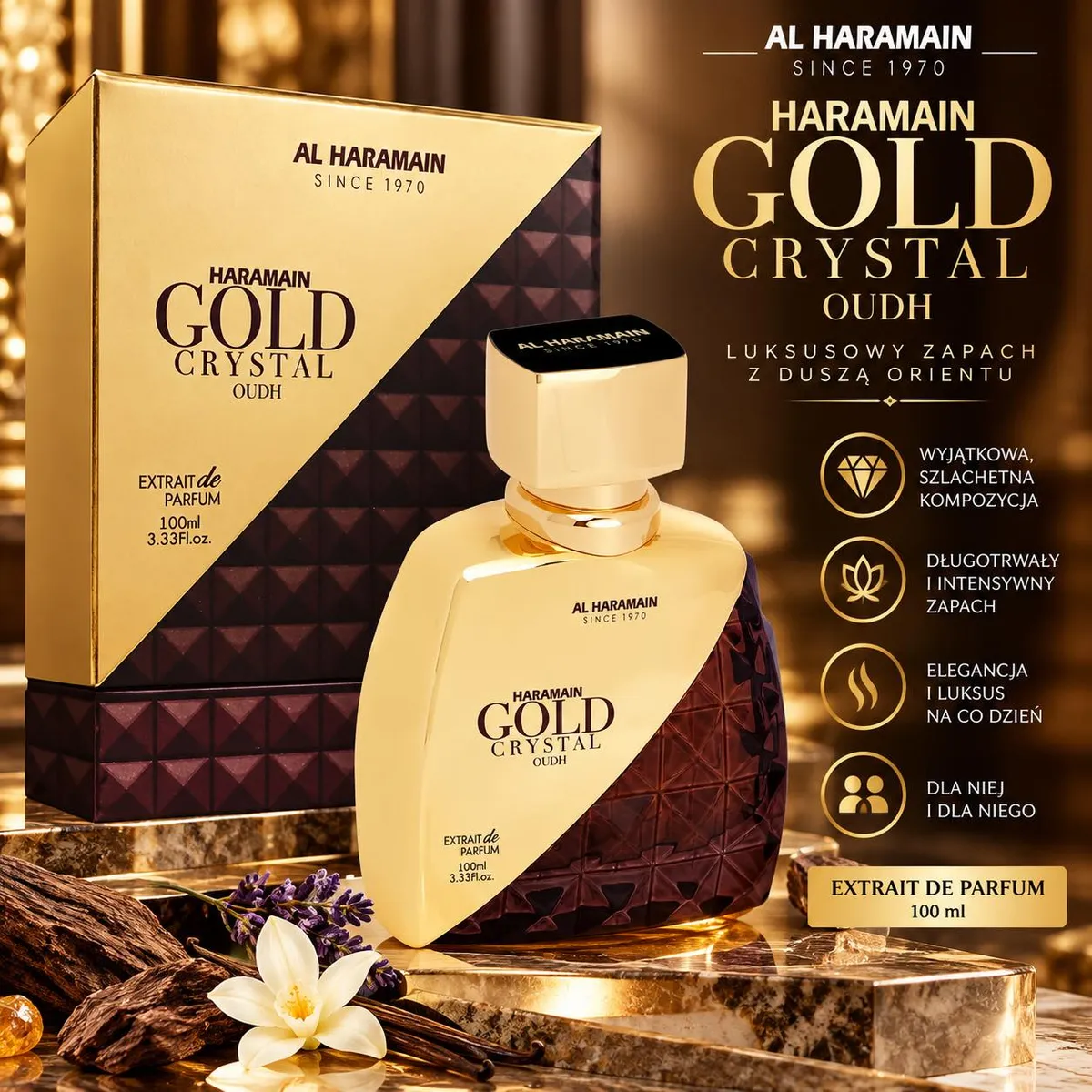 Butelka perfum Haramain Gold Crystal Oudh 100 ml w złoto-brązowym opakowaniu z geometrycznym wzorem
