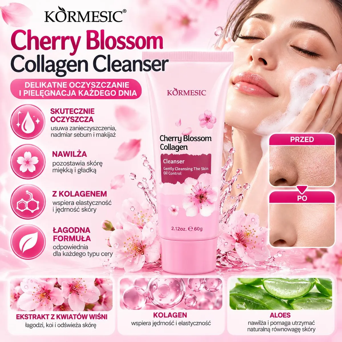 Różowo-biała tubka żelu do twarzy KÖRMESIC Cherry Blossom Collagen Cleanser 60g z kwiatami wiśni i zdjęciem twarzy kobiety po