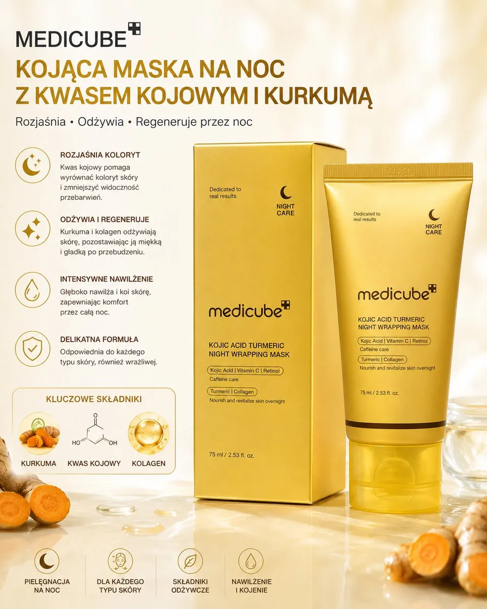 Złocista tubka i karton maski na noc Medicube z kwasem kojowym i kurkumą na jasnym tle