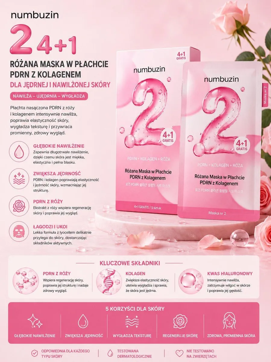 Różowa maska w płachcie z dużą cyfrą 2 na jasnoróżowym opakowaniu, 5 sztuk w zestawie