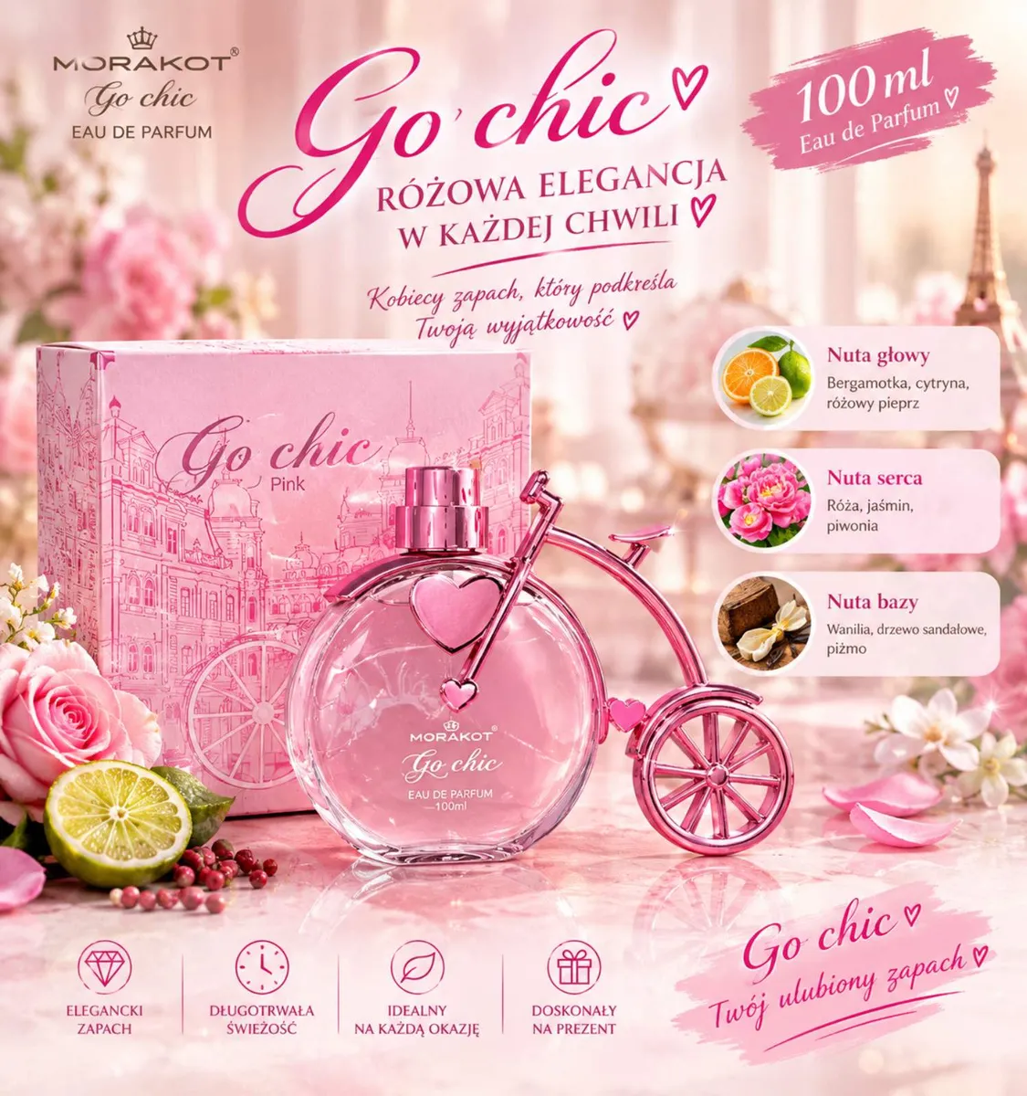 Różowy flakon perfum Morakot Go chic w kształcie roweru z sercami i pudełko z motywem miasta