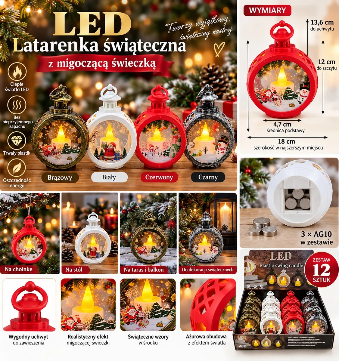 Świąteczne latarenki LED w czterech kolorach z migoczącą świeczką i ażurową obudową