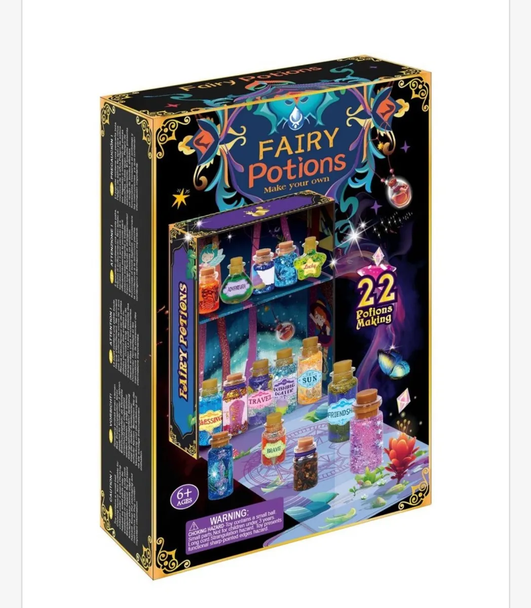 Opakowanie zestawu Fairy Potions z 22 kolorowymi buteleczkami do tworzenia mikstur