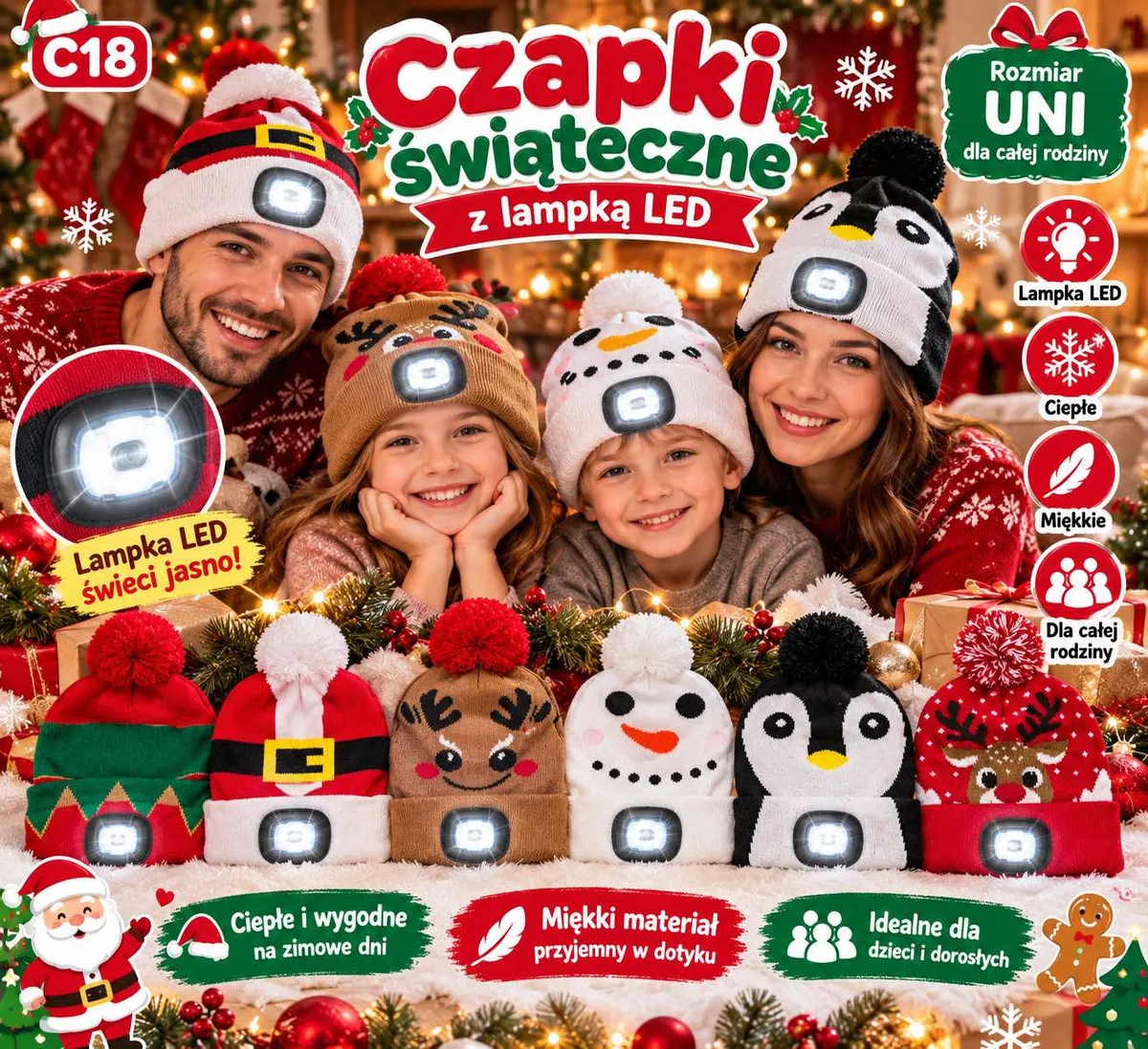 Rodzina w czapkach świątecznych z lampką LED, różne wzory renifer, bałwan, pingwin, elf