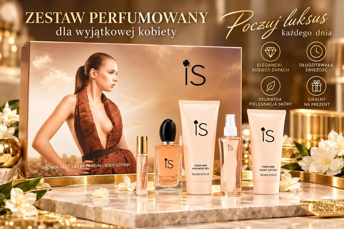 Zestaw perfumowany IS z żelem pod prysznic, perfumami, balsamem i sprayem w kremowych opakowaniach