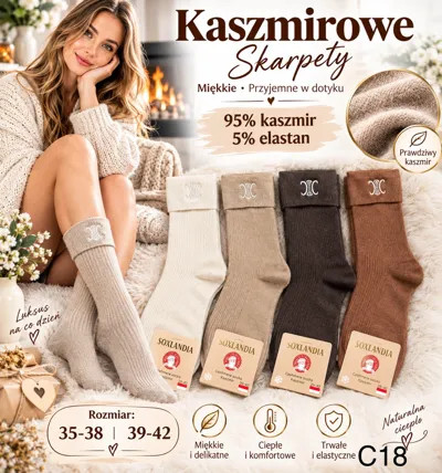 pięć par kaszmirowych skarpet SOXLANDIA w kolorach beżowym, jasnobeżowym, ciemnobrązowym i brązowym