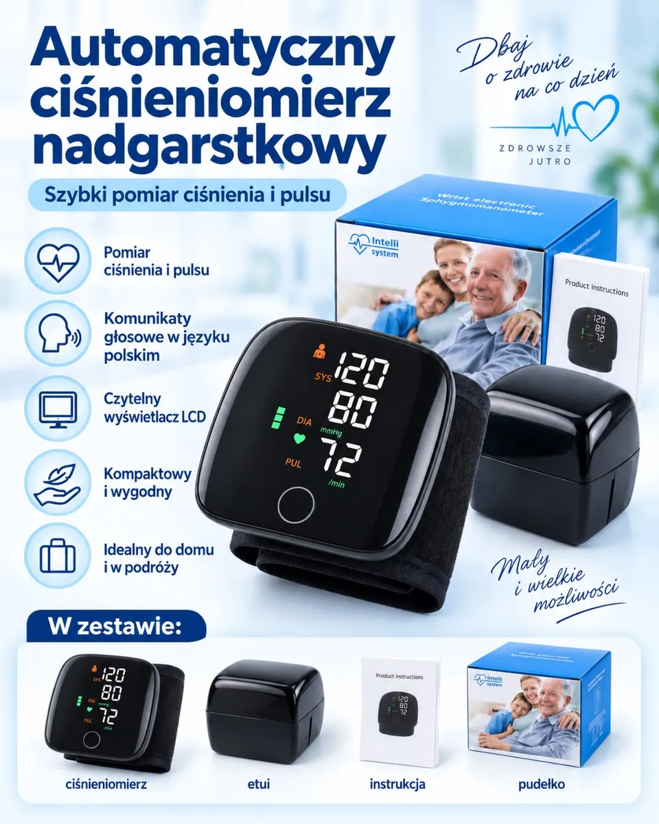 Czarny automatyczny ciśnieniomierz nadgarstkowy z wyświetlaczem LCD, etui, instrukcja i pudełko