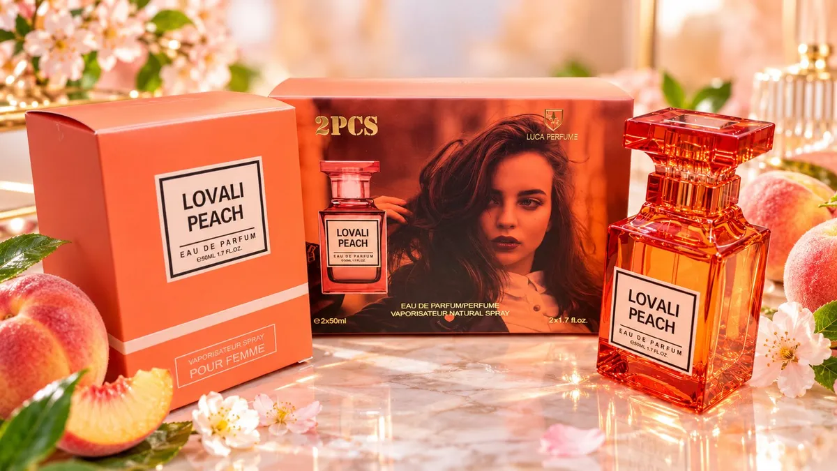Zestaw perfum Lovali Peach 2x50ml z pomarańczowymi flakonami i opakowaniem w kolorze brzoskwini
