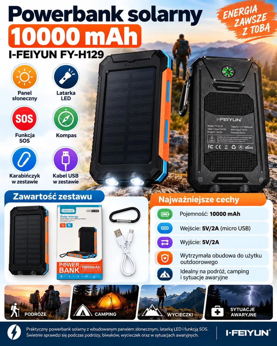 Powerbank solarny czarny z pomarańczowymi i niebieskimi detalami, panel słoneczny, latarka LED, kompas i karabińczyk