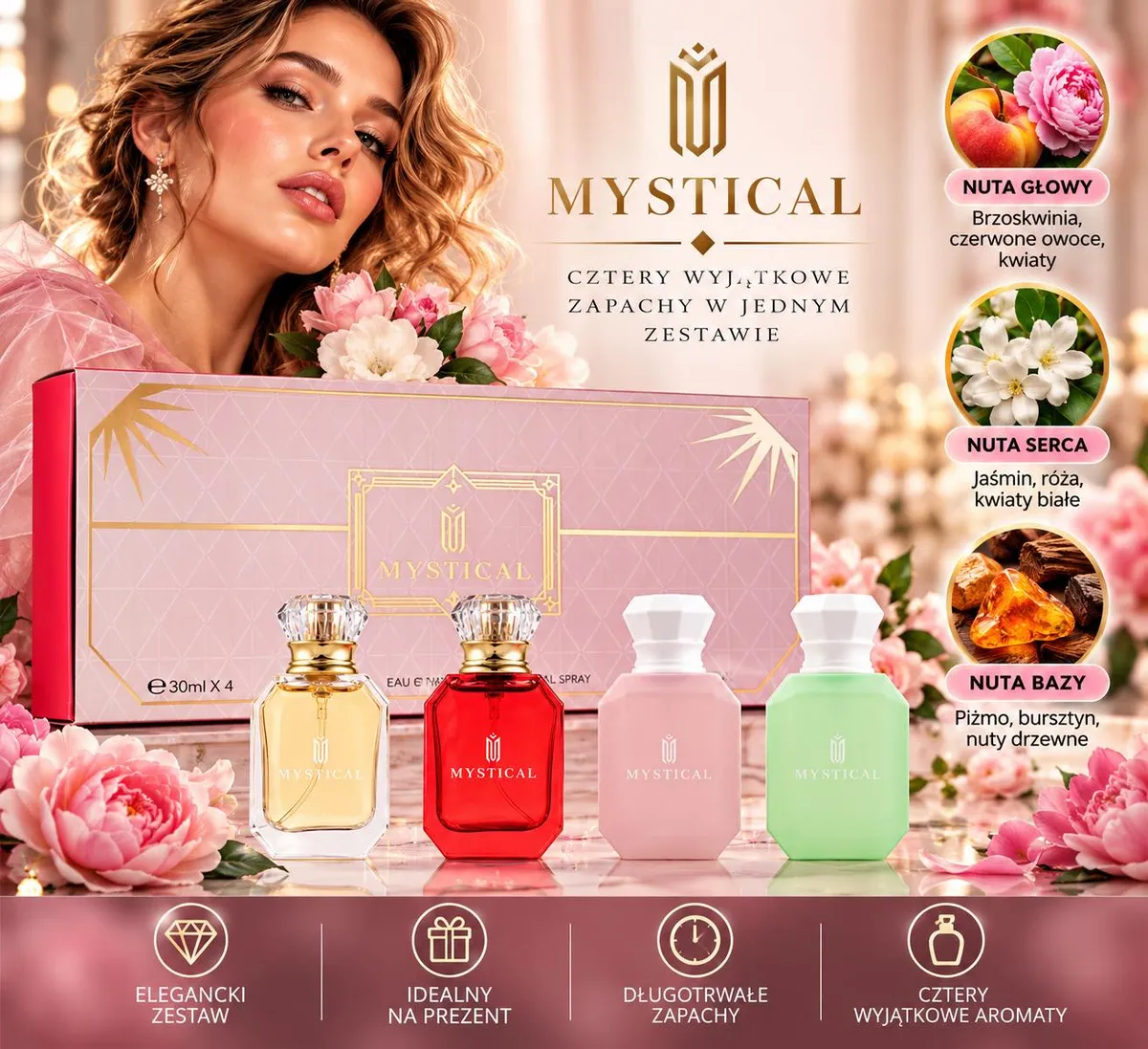 Zestaw czterech perfum Mystical w kolorowych flakonach z różowo-złotym pudełkiem i opisem nut zapachowych