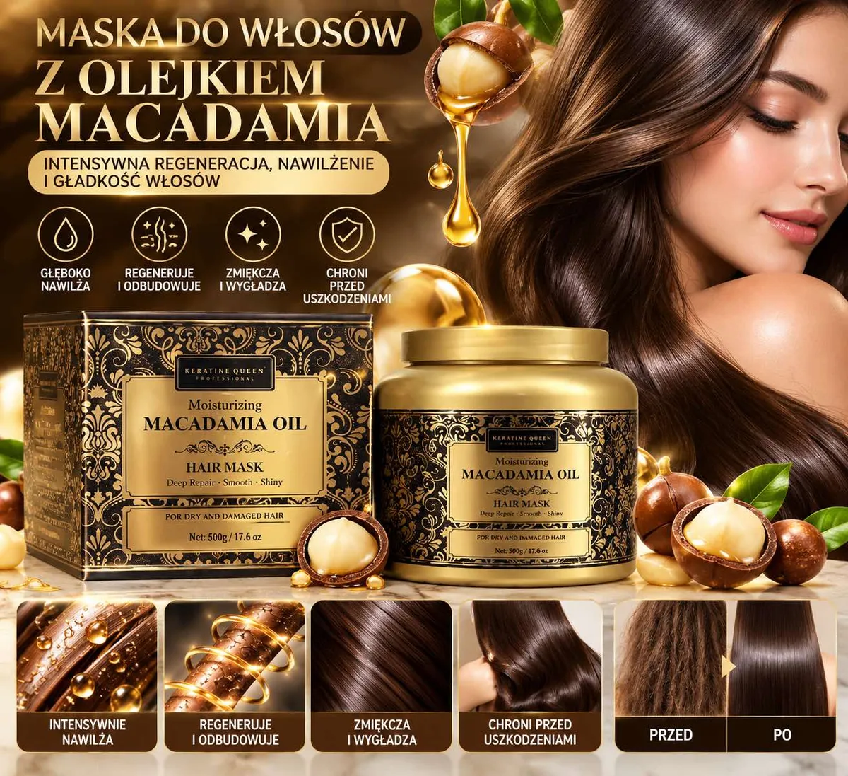 Złoto-czarna maska do włosów Keratine Queen z olejkiem Macadamia 500g, opakowanie i grafika z orzechami macadamia