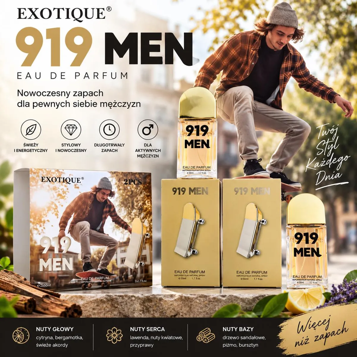 Zestaw dwóch perfum Exotique 919 Men w złoto-beżowych opakowaniach z butelkami 50 ml i grafiką deskorolkarza