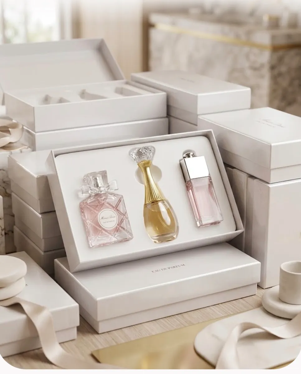 Zestaw trzech perfum w szklanych flakonach w białym eleganckim pudełku na tle innych opakowań