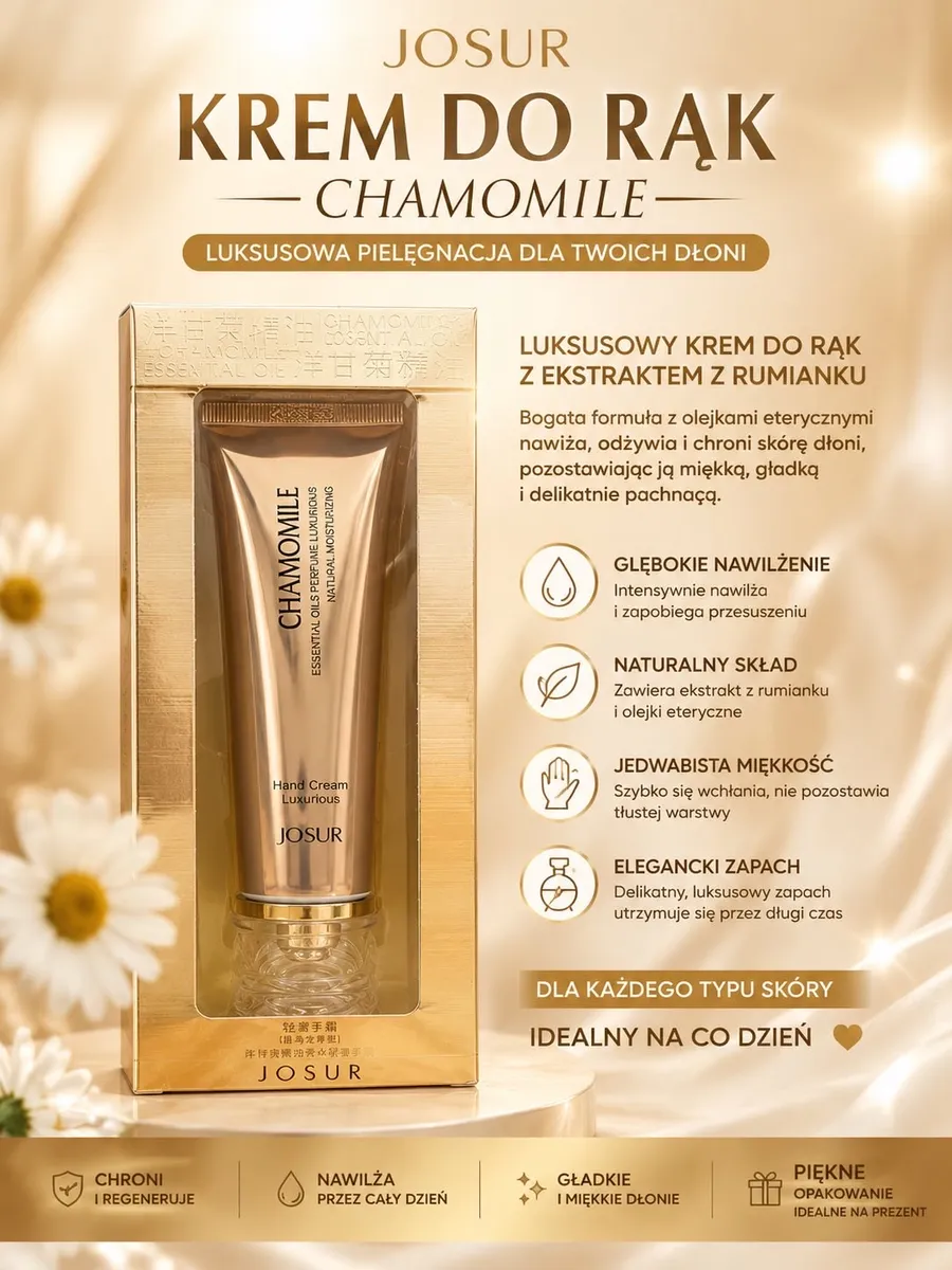 Złota tubka kremu do rąk Josur Chamomile w eleganckim złotym opakowaniu z tekstem i rumiankami