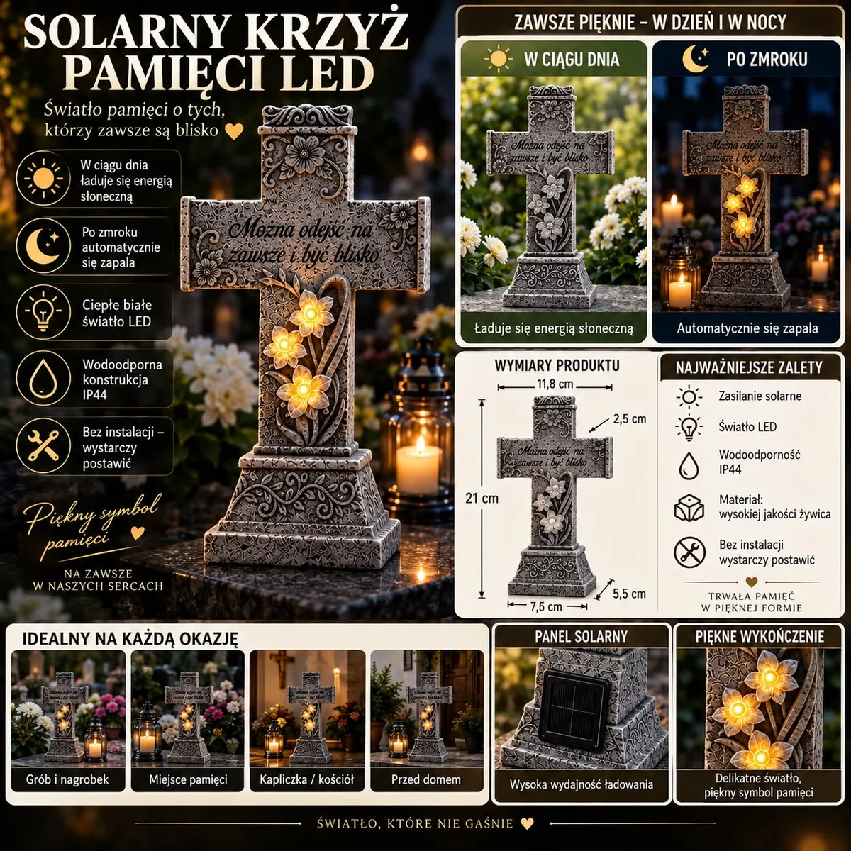 Solarny krzyż pamięci LED z ozdobnym wzorem i panelem solarnym, świecące kwiaty na nagrobku